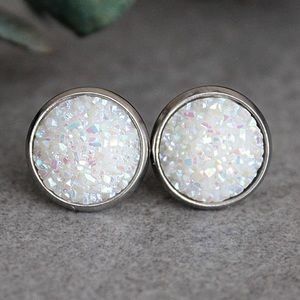 White Stud Earrings, White Druzy Earrings